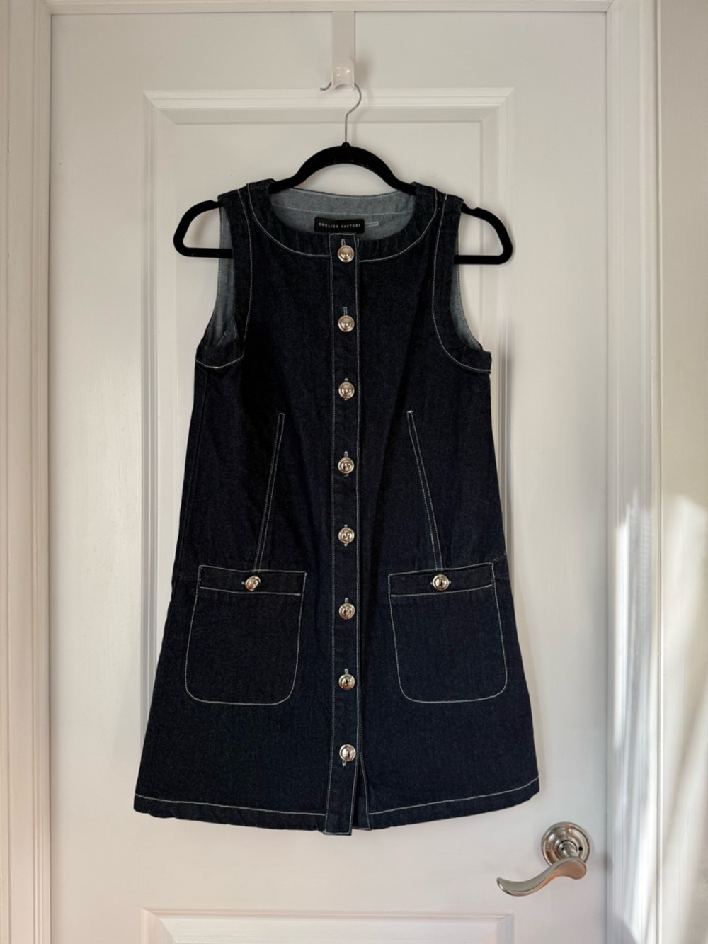 English Factory Classic Blue Denim Button-Front Dress with Contrast Stitching